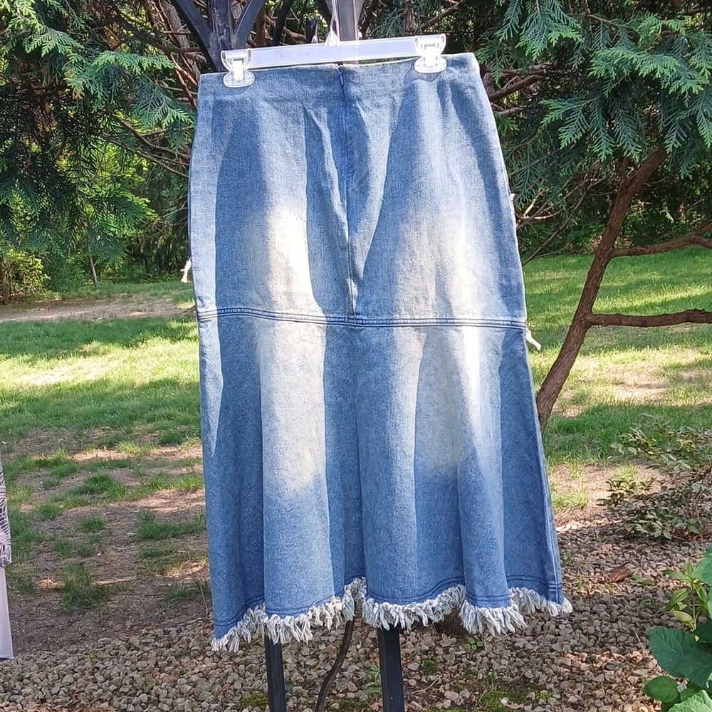 Distressed Long Denim Fringe Skirt Size M - Picture 6 of 12